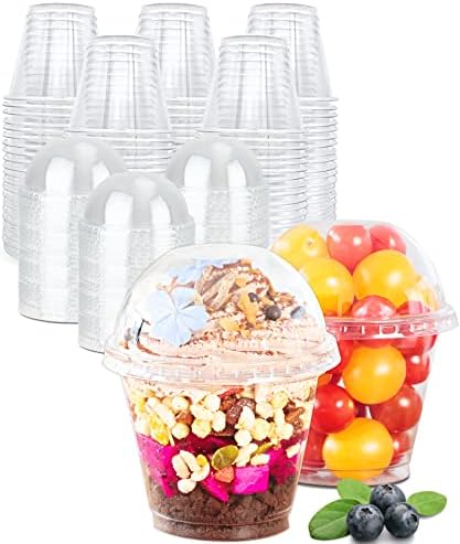 Aatriet [200 סטים] 9 גרם כוסות פלסטיק ברורות עם מכסים, כוסות פירות עם מכסים למסיבה, כוסות פרפה חד פעמיות
